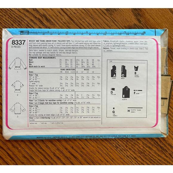 Vintage 1970s Simplicity 8337 Sewing Pattern Womens XS Fit & Flare Tops COMPLETE - Picture 2 of 2